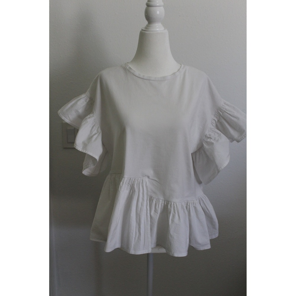ZARA‎ White Ruffle Sleeve Peplum Top Casual Women Size M